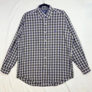 Ralph Lauren M Blake Plaid Buttoned Shirt Long Sleeve Blue Gray Office Work Logo